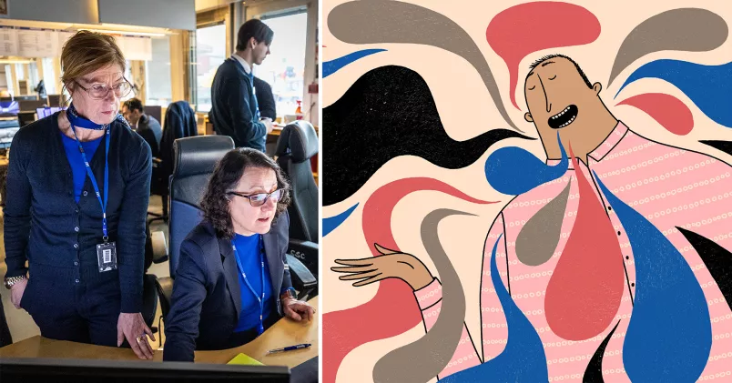 Nominering kollega  Till vänster markpersonal på Arlanda, till höger en illustration på en babblande man