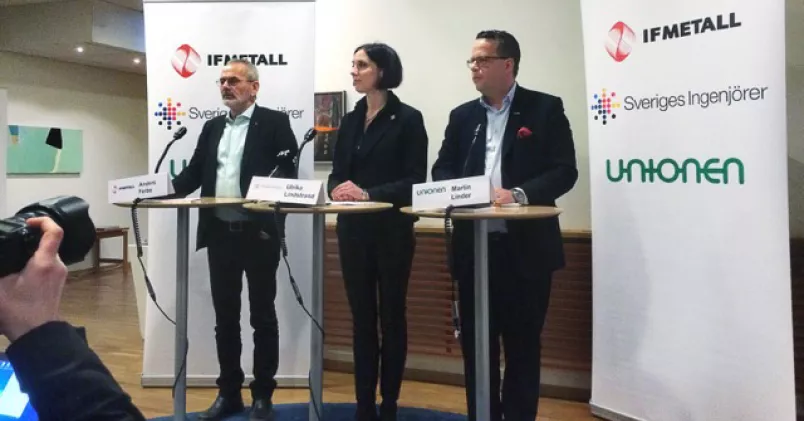 Anders Ferbe, ordförande IF Metall, Ulrika Lindstrand, ordförande Sveriges Ingenjörer och Martin Linder, ordförande Unionen. Kollega