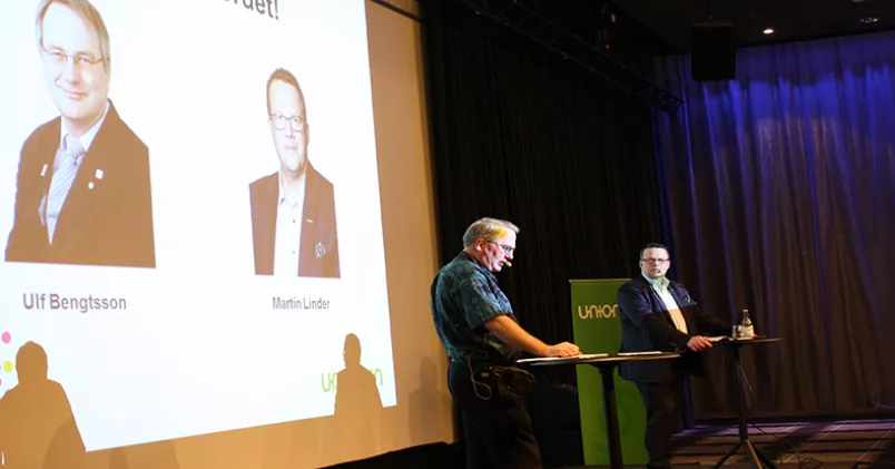 Ulf Bengtsson, Sveriges Ingenjörer och Martin Linder, Unionen under tisdagens mobiliseringsmöte i Göteborg. Unionen Göteborg