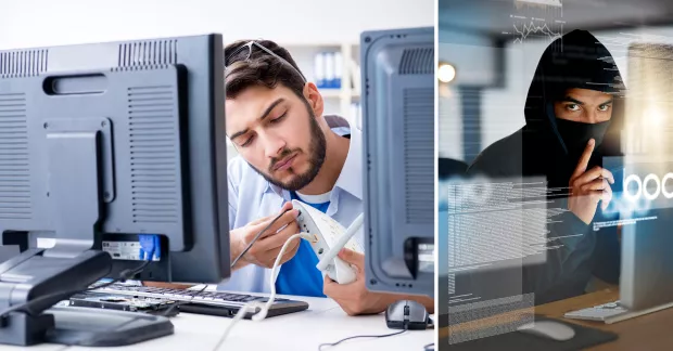 Till vänster en man som jobbar med en internetrouter, till höger en cyberbrottsling med mask för ansiktet och en bärbar dator framför sig. 