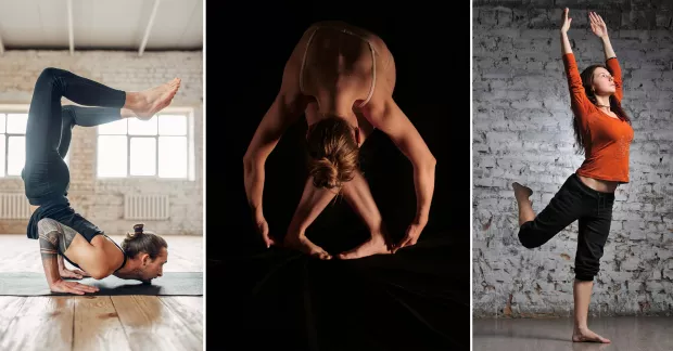 Tre personer som utövar yoga på olika sätt. 