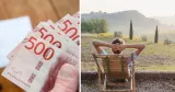 Lön eller förmån? Sedlar i hand och man i solstol som blickar ut över landskap.