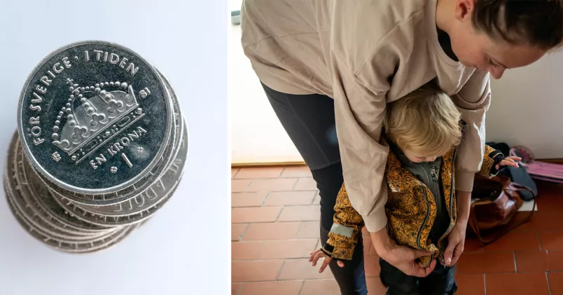 Till vänster en hög med mynt, till höger en föräldraledig mamma med sitt barn. 