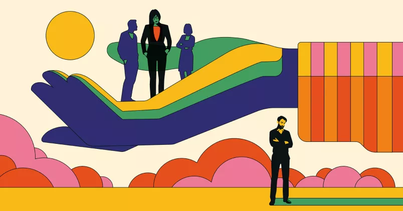 Tecknad illustration av tre personer ovanpå en människoarm och en person stående under den.