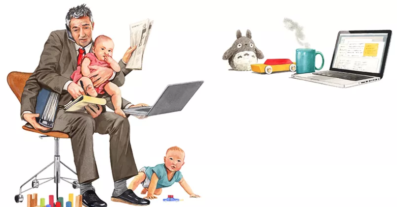 "Vänta lite, pappa ska bara ..." Många chefer vittnar om att de inte kan koppla bort jobbet när de är föräldralediga. Illustration: Fredrik Tjernström