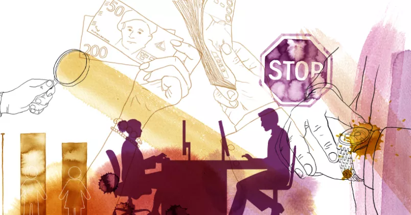 23 procent av arbetsgivarna struntar i att göra årliga lönekartläggningar. 39 procent av dem som gör lönekartläggningar hittar osakliga löneskillnader. Illustration: Linnea Blixt