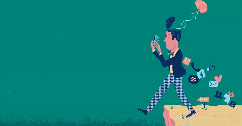 Hur påverkar mobilen vår hälsa? Man promenerar ut för stup samtidigt som han tittar i mobilen.
