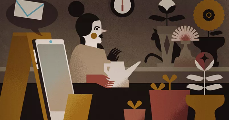 Efter mer än ett år av distansarbete drömmer många om hur det var att sitta med kollegorna på kontoret. Illustration: Christina Hägerfors