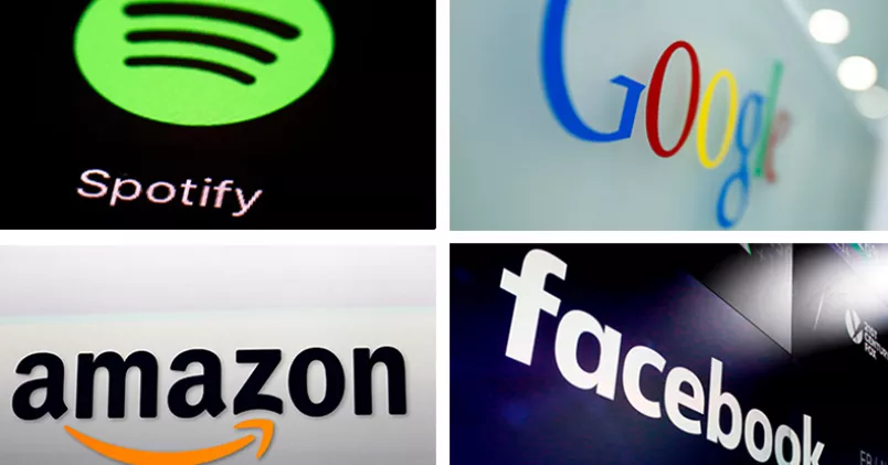Varken Spotfy, Google, Amazon Web Services eller Facebook har kollektivavtal. Patrick Semansky, Virgina Mayo, Reed Saxon, Richard Drew / AP Photo / TT