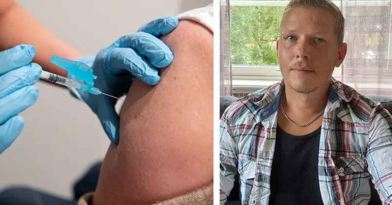 Arm som får covidvaccin (till vänster) Jimmy Norfelt (till höger).