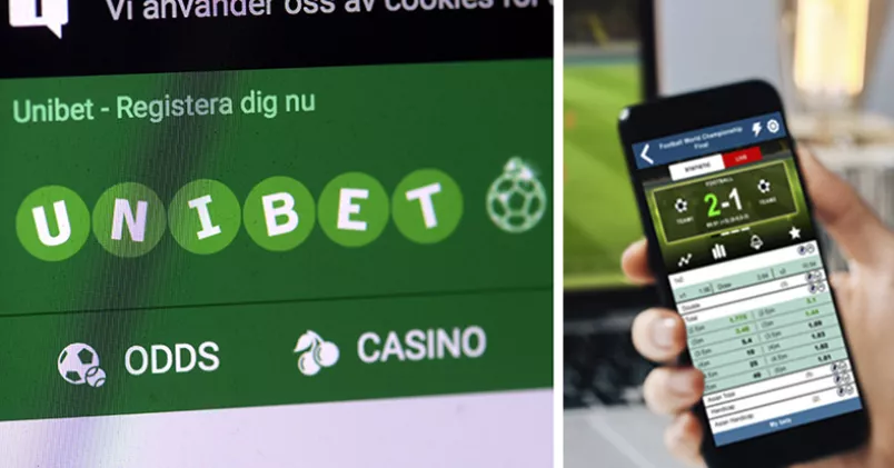 Unibets hemsida till vänster, mobil med matchresultat till höger.