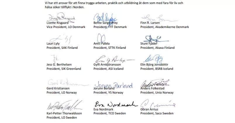 Underskrifter från 15 ordföranden för fackliga centralorganisationer.