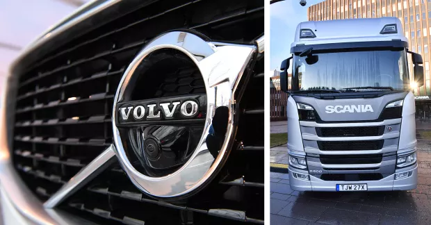 Volvos logga och lastbil från Scania.
