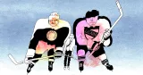 klämd En liten manlig chef kläms mellan två stora hockeyspelare