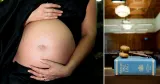 Gravid och avskedad. Till vänster en kvinna med gravidmage, till höger en svensk lagbok.