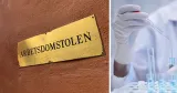 ALS stäms i AD Arbetsdomstolens fasad samt en laboratorietekniker som gör en analys av prover. .