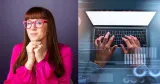 Elin Eriksson Foto Women in Tech Sweden Elin Eriksson från Women in Tech Sweden till vänster i en delad bild. Hon bär en cerise blus och röda glasögon, har långt brunt hår och kort lugg. Till höger syns ett par manshänder som skriver på en bärbar dator.